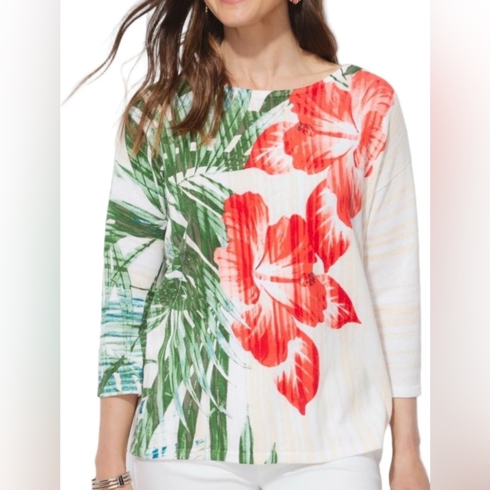 Chico's NWT Colorful Tropical Floral Boat Neck Blouse Top 3/4 Sleeve Vacation